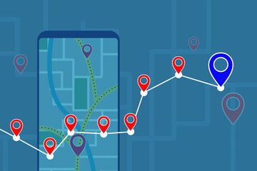 Illustration of smartphone with mobile navigation. Smartphone map application and red pinpoint on screen.