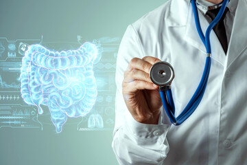 Doctor and holographic bowel scan projection with vital signs and medical records. Concept of new...