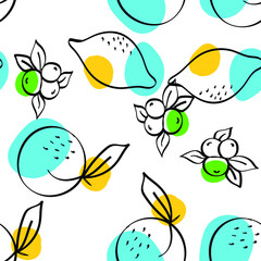 Color Apricot and Lime Vector White Seamless Pattern. Sketch Lemon Texture. Yellow and Green Orange and Berry Summer Print.