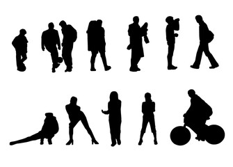 Silhouettes of people who play sports. Boy with a ball. Men with a backpack, skateboard, helmet, Bicycle. Female - gymnasts.