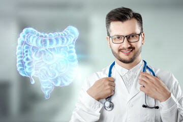 Doctor and holographic bowel scan projection with vital signs and medical records. Concept of new...