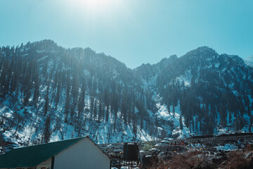 View of the snow covered mountains at Solang Valley in Manali, Himachal Pradesh, India