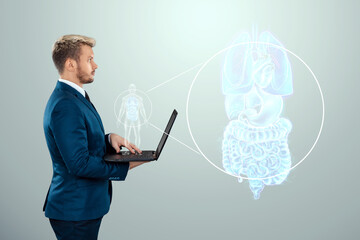 Holographic projection of scanning the internal organs of a person, x-ray in the phone. The concept of modern medicine, digital x-ray, new technologies, human anatomy.