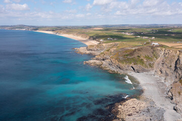 Aerial photograph of Loe Bar and Gunwalloe Beach, Cornwall, England.