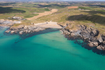 Aerial photograph of Gunwalloe Church Cove and Dollar Cove nearthe Lizard, Cornwall, England.