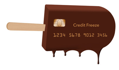 A chocolate ice cream bar on a stick is decorated to look like a credit card in this 3-D illustration about credit freezes to protect your credit report.