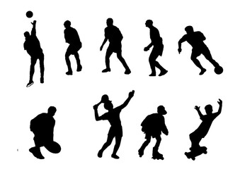 Silhouettes of people. They do sports (tennis, scating).
