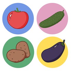 Set of vegetables  icons for food delivery applications or websites: tomato, cucumber, potatoes, eggplant in circles