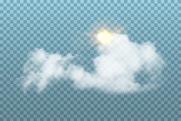 Clouds with sun in sky on blue transparent background. Realistic fluffy white clouds and sunshine vector illustration. Sunny and cloudy day in summer or spring, nature outdoor.