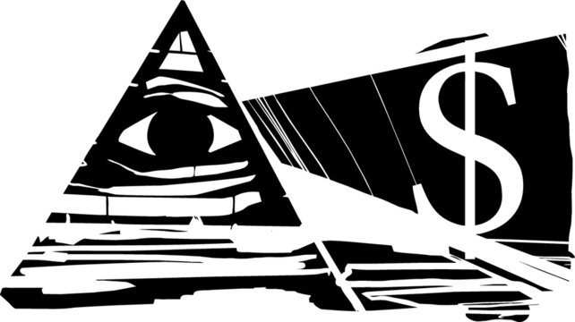 Woodcut expressionist style image of an eye of providence illuminating a dollar sign