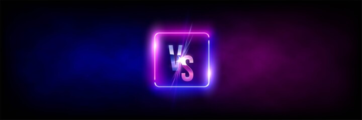 Versus VS sign in neon square frame in fog background. Laser glowing pink and blue lines with soft light effect. Vector illustration of realistic mockup, template for game design, retrowave style.