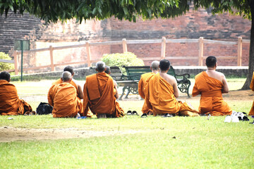 Back view of a group of Buddhist monks sitting on the grass
