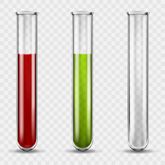 Transparent medical glass tube set, colored liquids in test tubes, blood in a glass test tube. Realistic 3d vector illustration on transparent background.