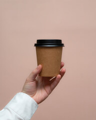Woman hands hold paper cup on pink background. Copy space.