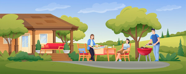 People having barbecue party outdoor scene. Friends grilling meat in summer vector illustration. Panoramic view of women and man outside house in nature cooking and eating
