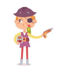 Little boy as pirate having adventure. Cute child holding gun and treasure chest, parrot on shoulder vector illustration. Kid with hat and eye patch isolated on white background