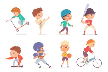 Boys playing sports set. Happy kids doing healthy exercise vector illustration. Children on scooter, roller skates, skateboard, bike, play karate, baseball, rugby, basketball on white background