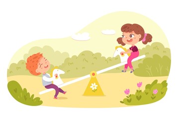 Obraz na płótnie Canvas Children playing on swing in park, playground or backyard. Happy kids doing outdoor summer activities vector illustration. Boy and girl sitting on swings, having fun in nature