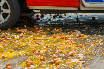 Multiple eggs crashed on the road due to an accident in an egg delivery truck that was about to deliver eggs to restaurants in the morning. Concept of accidental loss and delay