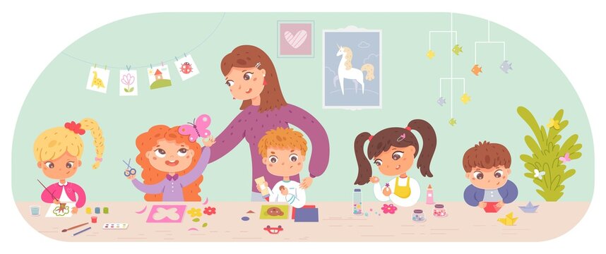 Kids in art and crafts class with teacher. Children painting, crafting with scissors and glue, cutting in school classroom. Creative activities for boys and girls vector illustration