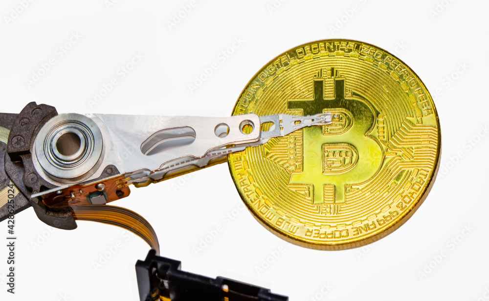 Poster bitcoins and new virtual money concept.gold bitcoins with candle stick graph chart and digital backg
