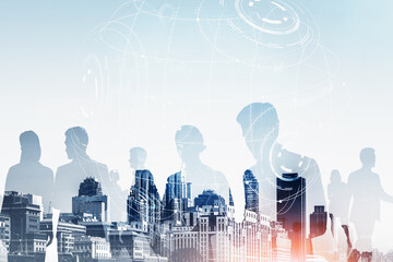 Silhouettes of young professionals working at abstract office. B