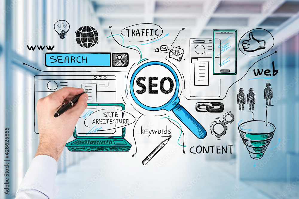 Aufkleber businessman hand drawing a search engine optimization flowchart. seo icons sketch on office backgrou