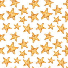 Fototapeta na wymiar seamless pattern with watercolor marine objects, yellow starfish on a white background