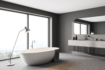 Fototapeta na wymiar Bathroom interior with bathtub and sink with window on countryside
