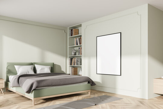 Light green bedroom interior with bed and linens, mockup poster
