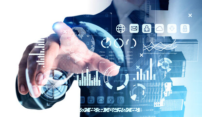 Man finger touch hud with earth globe and diverse digital icons