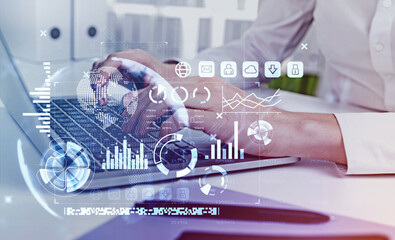 Businesswoman hands with laptop, hud with earth globe and digital icons