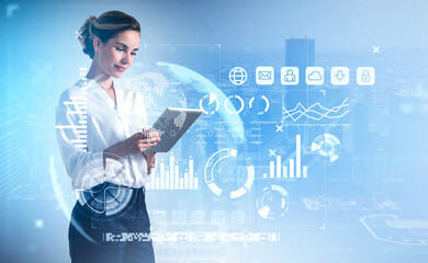 Businesswoman with tablet, hud with earth globe and digital icons