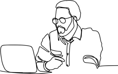 Businessman study online make notes sit on laptop at work desk minimal concept line