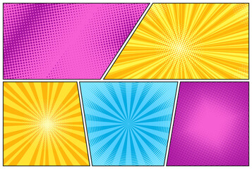 Pop art halftone background. Comic starburst pattern. Cartoon banner with dots and rays. Sunburst effect. Set vintage duotone textures. Vector illustration. Superhero banner. Gradient wow design.