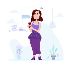 Girl holding a smartphone in her hands, on the background of the interior, cartoon character - flat style.