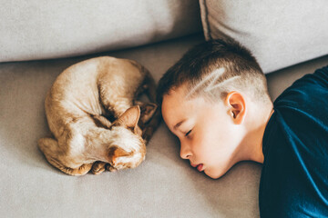 Boy sleeping with a cat on sofa.