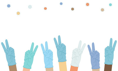 Peace sign of victory. The hands of people of different nationalities and races in medical gloves greet the victory over epidemic and disease. Cartoon vector banner  isolated on white background.