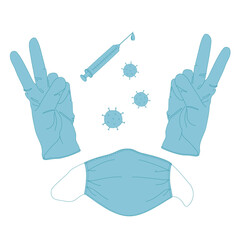 The concept of victory over diseases and epidemics with the help of vaccination. Medical mask syringe and gloves victory sign. Cartoon vector illustration isolated on white background.