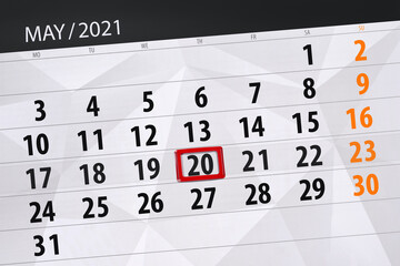 Fototapeta premium Calendar planner for the month may 2021, deadline day, 20, thursday