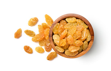 Flat lay of Yellow Raisins in wooden bowl isolated on white background. Clipping path