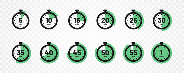 Set of timer and stopwatch icons. Kitchen timer icon with different minutes. Cooking time symbols and labels