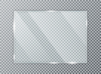 Glass plate on transparent background. Acrylic and glass texture with glares and light. Realistic transparent glass window in rectangle frame. Vector - 428628621