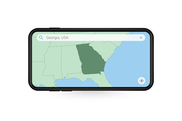 Searching map of Georgia in Smartphone map application. Map of Georgia in Cell Phone.