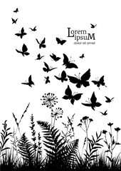 Vertical floral background with silhouettes of fern, herbs, flowers and butterflies. Spring or summer background.
