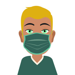 Avatar of a modern man in a medical protective mask. A young guy in trendy colors. Coronavirus virus in the world. Vector graphics.