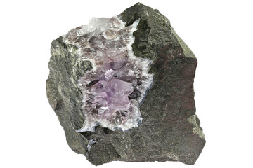 amethyst geode from Ardownie Quarry, Scotland isolated on white background