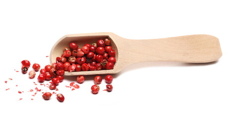 Red pepper in wooden spoon isolated on white background 