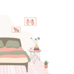 Vector illustration of a bedroom.Bed and bedside tables,decor from home plants, posters.Flat design illustration.