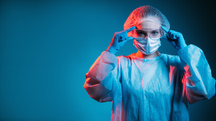 Covid-19 protection. Pandemic hygiene. Coronavirus quarantine safety. Portrait of confident female...